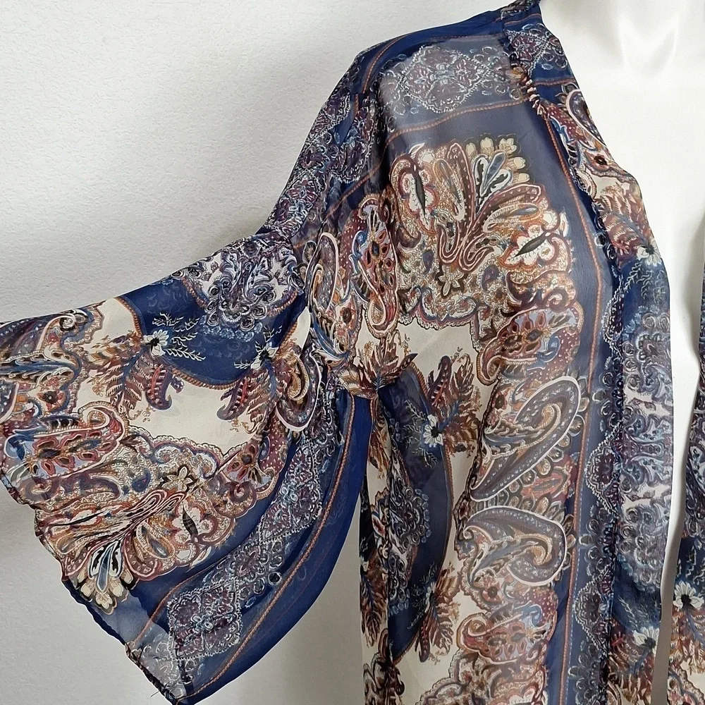 Umgee Blue Tan Bohemian 3/4 Wide Sleeve Boho Hippie Fringe Kimono Size S/M